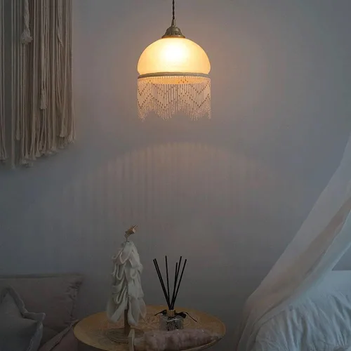 Vista 6 de Lámpara colgante de estilo rústico con borlas retro y cuentas pequeñas con pantalla de vidrio para dormitorio, sala de estar, pasillo, lámpara