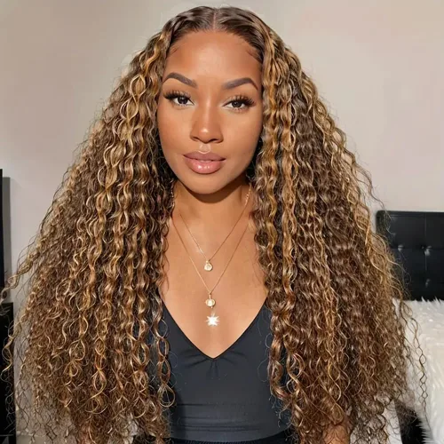 Vista 4 de Pelucas de cabello humano ondulado profundo con encaje frontal para mujeres negras, peluca rubia miel, 13x4, 32 pulgadas