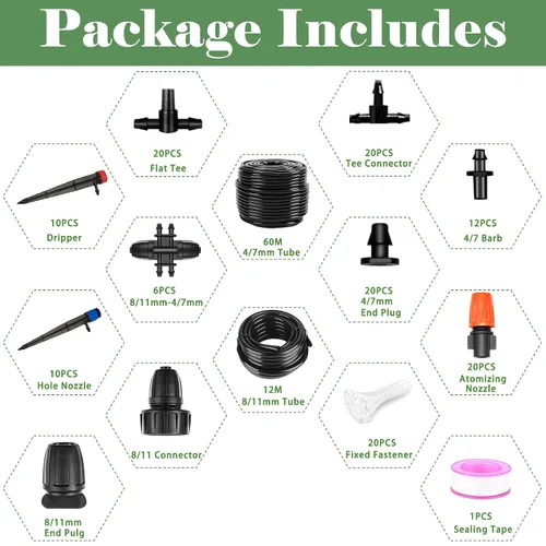 Vista 2 de Kit de riego por goteo de 200 pies + 40 pies, sistema de riego de jardín con tubo principal de 8/11 mm, tubo de riego de distribución de 4/7 mm