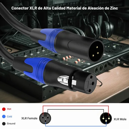 Vista 5 de Paquete de 2 cables XLR macho a hembra de 10 pies, cable de micrófono profesional equilibrado, cobre puro y blindaje dual, compatible