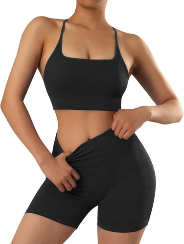 Vista 2 de RXRXCOCO Conjuntos de entrenamiento para mujer, 2 piezas, conjuntos de yoga acanalados, sin costuras, cintura alta, pantalones cortos con brasier