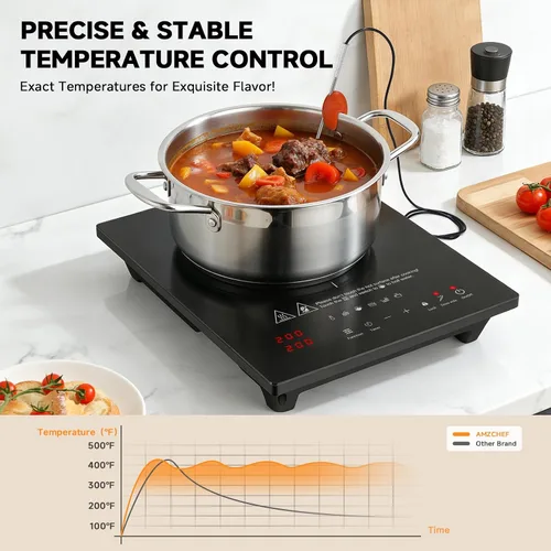 Vista 3 de AMZCHEF Placa de Cocción de Inducción Portátil: Quemador de Inducción de 74 Niveles de Temperatura con Sonda Digital, Quemador de Encimera de 1800W