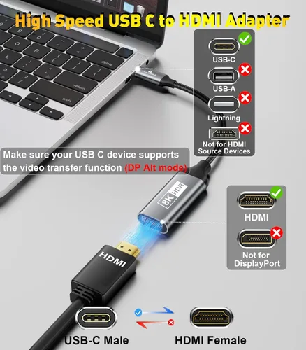 Vista 4 de Adaptador USB C a HDMI 2.1, compatible con 8K @60Hz y 4K 120Hz, HDR dinámico, Thunderbolt 3/4/5, puerto USB 4, adaptador tipo C a HDMI para MacBook