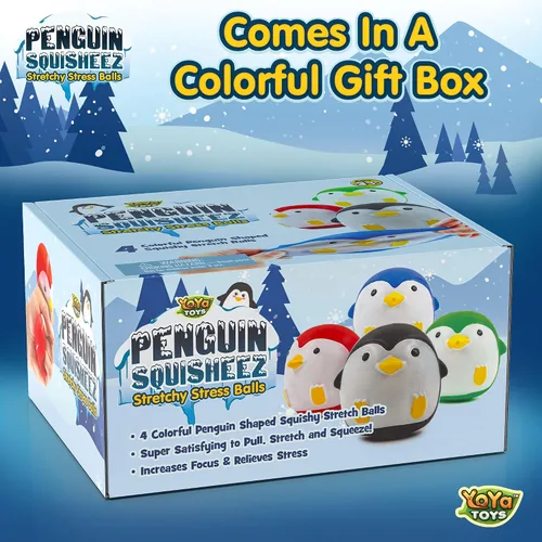 Vista 5 de YoYa Toys Penguin Squisheez - Pelotas blandas para aliviar el estrés (juego de 4) Juguetes elásticos en forma de animales para niños, niñas