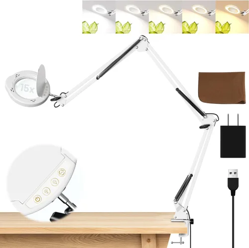 Vista 10 de 15X Magnifying Glass with Light and Clamp, 84 LED Hands-Free Lighted Magnifying Glass with Clamp, 3-Section Arm 5 Color Modes Dimming LED Desk