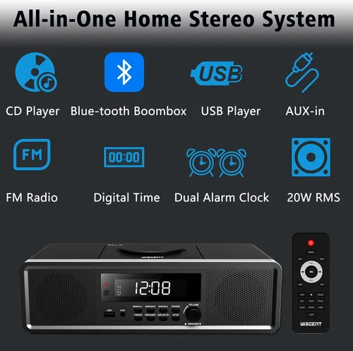 Vista 3 de Sistema estéreo compacto con reproductor de CD, Bluetooth, reloj de alarma dual, radio FM, sonido claro de 20W RMS, entrada USB/AUX, función