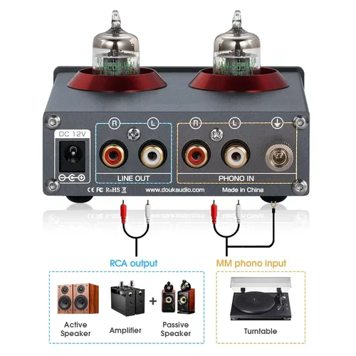 Vista 3 de Douk Audio T4 PRO Preamplificador de Fono de Tubo de Vacío, Preamplificador de Tocadiscos MM, GE5654 Amplificador de Auriculares Hi-Fi para Cine