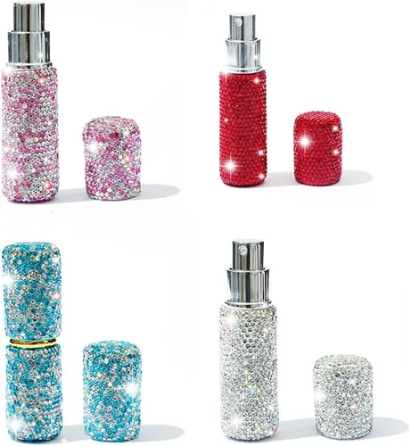 Vista 7 de Atomizador de perfume portátil para viajes, con diamantes de imitación de 0.3 fl oz, recargable, mini botella de perfume recargable, fácil de Azul