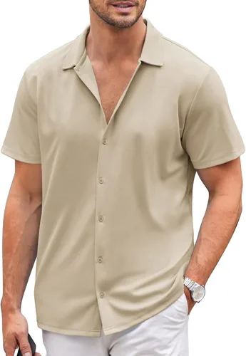 Vista 6 de COOFANDY Camisa casual con botones para hombre, manga corta, sin arrugas, camisa de verano Negro