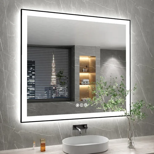 Vista 31 de Espejo de baño LED de 24x28 pulgadas con marco negro, espejos de baño retroiluminados y con luz frontal para pared, antiempañamiento, regulable