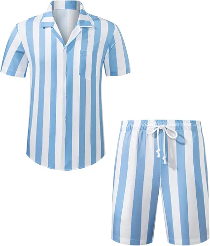 Vista 3 de JMIERR Conjunto de pantalones cortos para hombre, 2 piezas, camisa hawaiana casual de verano con botones y pantalones cortos