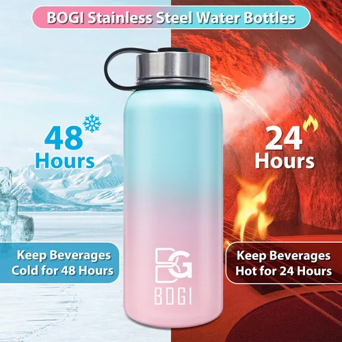 Vista 4 de BOGI Botella de agua aislada de 40 onzas, botella de agua de acero inoxidable al vacío de doble pared con popote y 3 tapas, a prueba de sudor