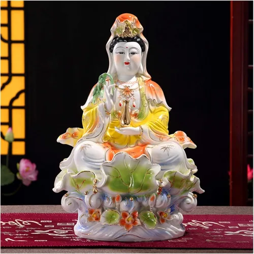 Vista 2 de Estatua de Guan Yin Estatua de Buda budista Estatua de Guanyin Artesanía de cerámica de porcelana a todo color sentado loto Guanyin Estatua de Buda