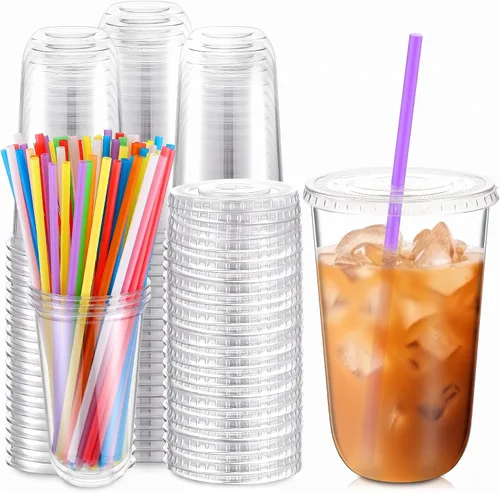 Vista 12 de Ziliny - Paquete de 50 vasos de plástico de 12 onzas con tapas, pajitas
