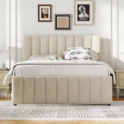 Vista 3 de Cama de plataforma tapizada de tamaño matrimonial con nido de tamaño individual y 3 cajones, plataforma tapizada de tela de lino con cabecero a