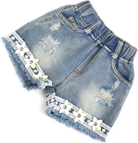 Vista 5 de Conjunto de ropa de chaleco de gasa con perlas y pantalones cortos de mezclilla para bebés de 2 a 7 años