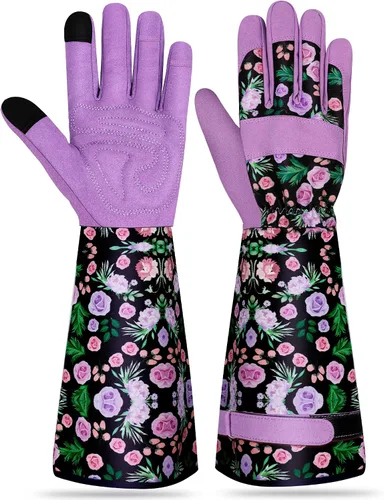 Vista 9 de Guantes largos de jardinería para mujer, guantes de cuero a prueba de espinas, guantes de trabajo transpirables para mujeres, patio, exteriores