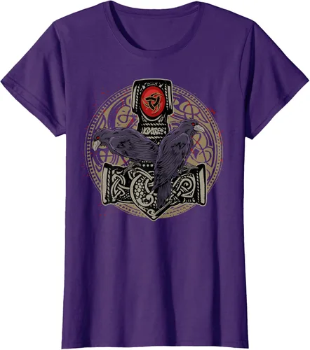 Vista 12 de Thors Hammer Mjolnir Huginn and Muninn Odin Raven - Camiseta, Negro, S