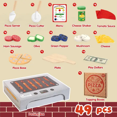 Vista 3 de WOODMAM Montessori - Juego de juguetes de pizza, comida realista con caja de horno, juguetes educativos de aprendizaje para niños en edad preescolar