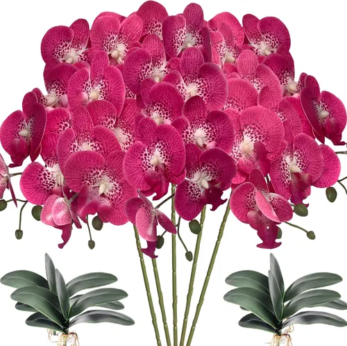 Vista 12 de HinyoCo - 5 flores artificiales de orquídea y 4 paquetes de hojas, flores artificiales de Phalaenopsis de 32 pulgadas para decoración del hogar