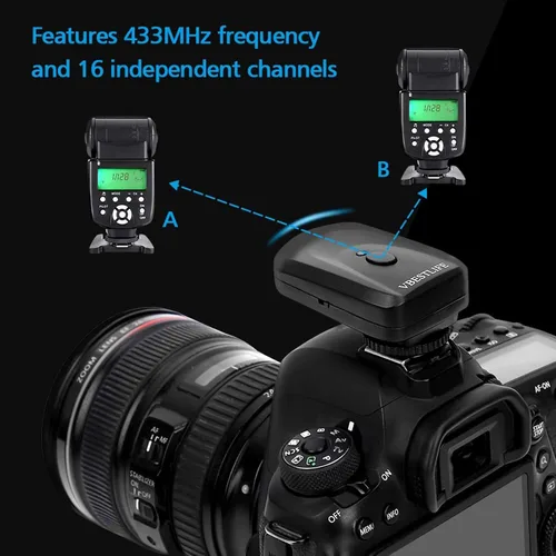 Vista 5 de Juego de disparadores de flash, 433 MHZ 16 canales Speedlite Studio Shutter Release Transceptor Kit con 1 transmisor 3 receptores 1 cable