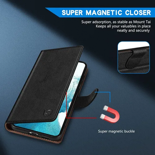 Vista 5 de ZZXX Funda tipo cartera para Samsung Galaxy S22 con bloqueo RFID, ranura para tarjetas, función atril, cierre magnético, funda protectora de cuero