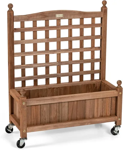 Vista 8 de Giantex Cama elevada móvil para plantas, maceta de madera con enrejado y ruedas, caja de flores para escalada de plantas, jardín vertical