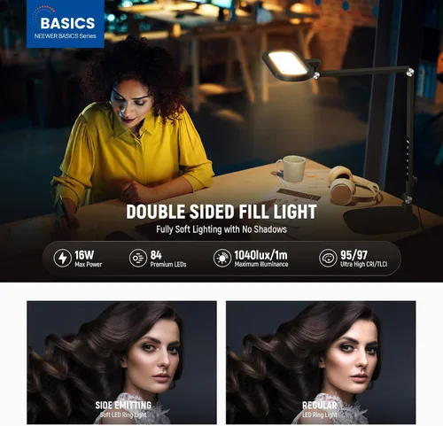 Vista 3 de NEEWER Basics - Lámpara LED de escritorio de 16 W para iluminación de lectura de videoconferencias en casa, oficina en casa, cuidado de los ojos