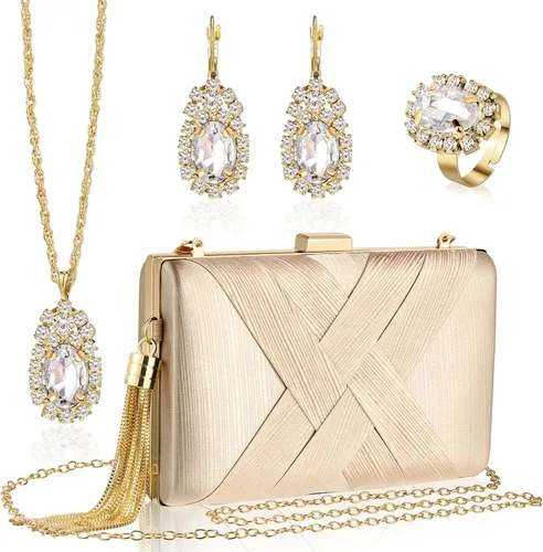 Vista 10 de Quelay Juego de 4 piezas de bolso de mano de satén para mujer, bolso de noche para banquete de boda, bolso de mano, collar vintage, aretes, juego
