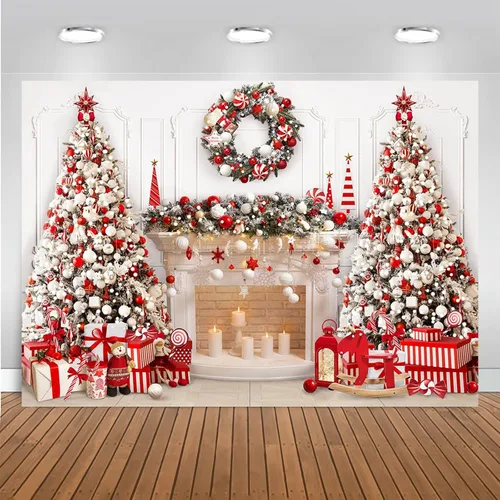 Vista 10 de Mocsicka Telón de fondo para chimenea de Navidad blanco y rojo, fondo para fotografía de árbol de Navidad, invierno, Navidad, familia, niños, fiesta