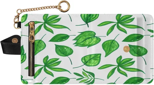 Vista 2 de Qilmy Green Leaves Compact Women's Wallet - RFID Blocking Bifold Card Case PU Leather Slim Travel Wallet with Zipper Coin Pocket, ID Window &