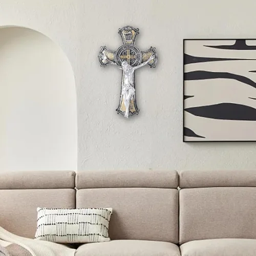 Vista 2 de Taprion Crucifijo de pared - Arte de pared de resina de San Benito - Cruz dorada de 10 pulgadas da bendición y lo sagrado espiritual: regalo de fe