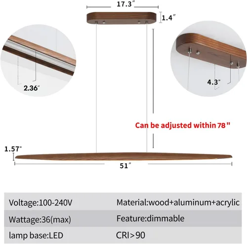 Vista 3 de YISDESIGN Lámpara colgante lineal de madera de 51 pulgadas, lámpara moderna para mesa de billar, luces de isla de cocina para comedor, bar, isla