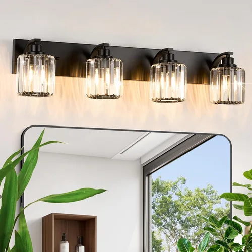 Vista 11 de 3 luces de cristal para tocador de baño, moderna lámpara de baño negra sobre espejo, luces de tocador para dormitorio, baño, pasillo, base E26