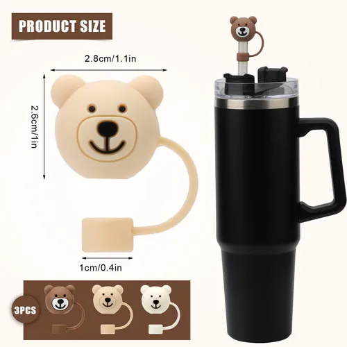 Vista 2 de 3 fundas para popote de oso, bonitas fundas de popote de silicona suave de dibujos animados, tapas protectoras sin BPA compatible con Stanley Straws