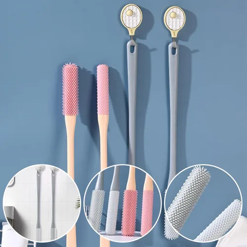 Vista 5 de Cepillo de silicona de mango largo para limpieza de dedos del pie, cepillo exfoliante de goma suave para pies para la ducha, limpiador de grietas