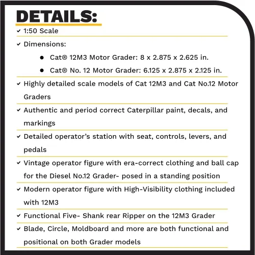 Vista 4 de Diecast Masters 1:50 Caterpillar Diesel No. 12 y 12M3 Motoniveladora, Evolution Series Cat Truck Camión para gatos modelo a escala coleccionable