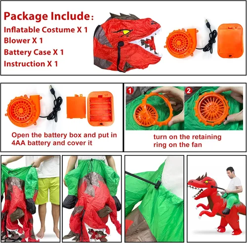 Vista 5 de Camlinbo Disfraz inflable de dinosaurio de Halloween para adultos hombres y mujeres disfraz inflable de jinete de Halloween fiesta de cosplay