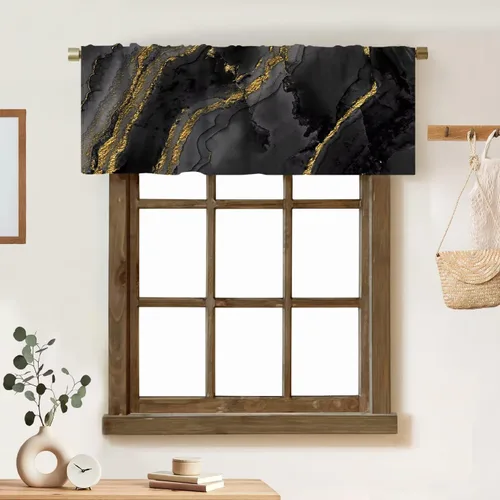 Vista 17 de Cortina de cenefa de mármol verde con venas doradas de mármol negro, diseño abstracto de lujo, elegante cenefa con bolsillo para barra, 1 panel