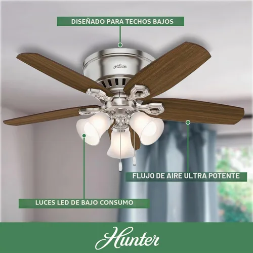 Vista 2 de Hunter Constructor, para interiores, ventilador de techo, cadena de tracción, 42 pulgadas, níquel cepillado con luces LED, montaje empotrado