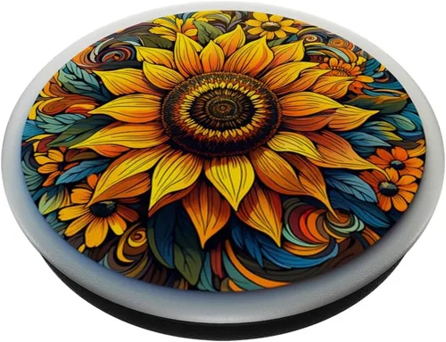 Vista 2 de Mandala Geométrico Acuarela Girasol Patrón Floral Mujeres PopSockets Estándar PopGrip