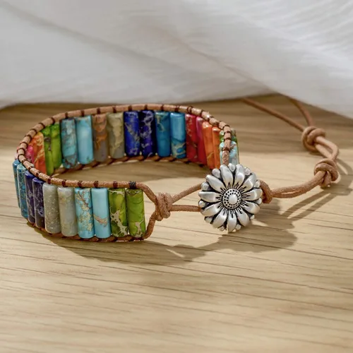 Vista 3 de sedmart - Pulseras de los 7 chakras para mujeres con piedras reales y correa de cuero, cuentas curativas para hombres y mujeres, joyería bohemia