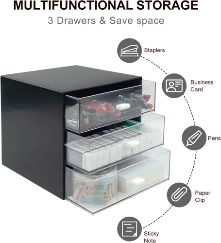Vista 4 de Organizador de escritorio con cajón, caja de almacenamiento de escritorio, organizadores de suministros de papelería de oficina de plástico