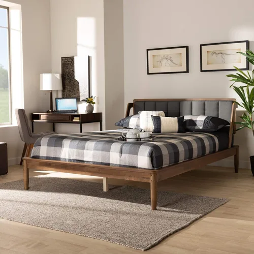 Vista 2 de Baxton Studio Helsa Mid-Century - Cama tapizada de tela gris oscuro y acabado de nogal, tamaño Queen