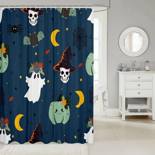 Vista 2 de Cortina de ducha gótica de Halloween con diseño de fantasmas de dibujos animados, farol de calabaza, juego de cortina de ducha de 72 pulgadas