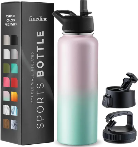 Vista 31 de FineDine Botellas de agua aisladas de triple pared con popote, botella de metal de acero inoxidable de 25 onzas con 3 tapas a prueba de fugas