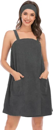 Vista 11 de Veseacky Toalla de baño para mujer con bolsillo, bata de spa ajustable y diadema facial