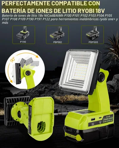Vista 2 de Adisipsoarin Luz de trabajo LED inalámbrica para batería Ryobi de 18 V, reflector LED de 25 W con puertos de carga rápida USB-A y USB-C 2.1A