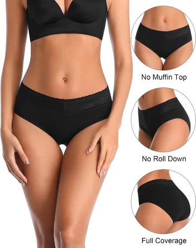 Vista 2 de OLIKEME Ropa interior de algodón para mujer, de cintura media alta, con banda de encaje, no se ve, transpirables, hipster, paquete de 6