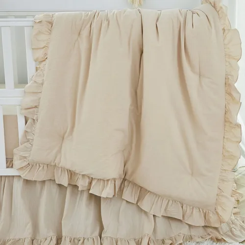 Vista 2 de Brandream Conjunto de Ropa de Cama para Cuna Unisex Bebé Niña Niño 3 Piezas Beige Sólido Boho Chic de Granja Volantes Cálido 100% Algodón Lavado